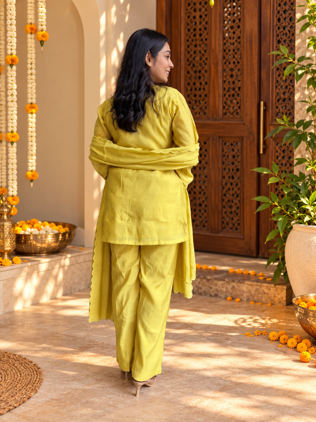 Poo Chanderi 3pc Dupatta Set- Lime Yellow