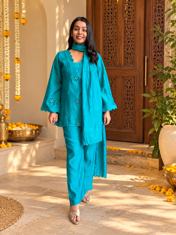 Poo Chanderi 3pc Dupatta Set- Teal Blue