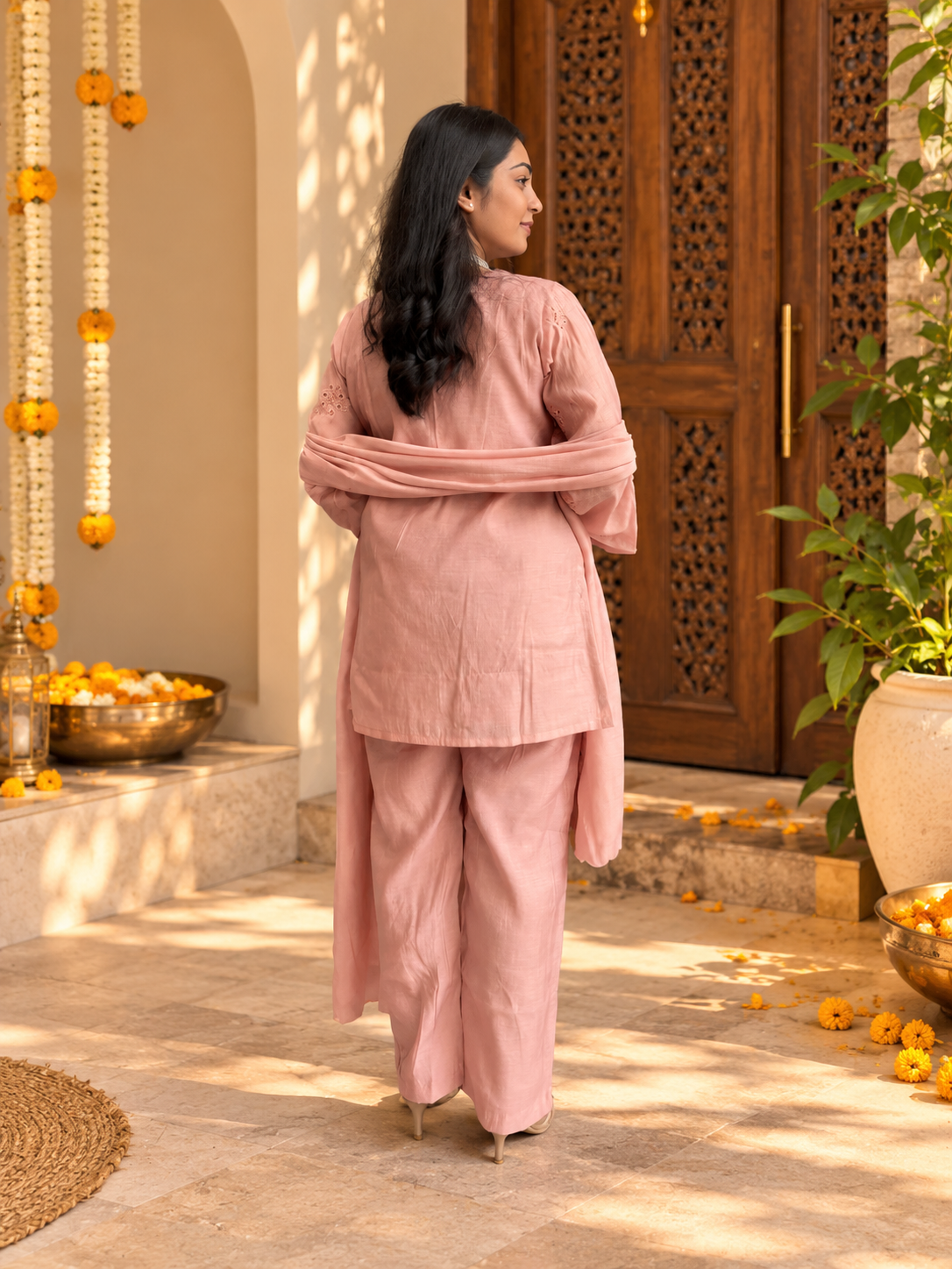 Poo Chanderi 3pc Dupatta Set- Blush Pink