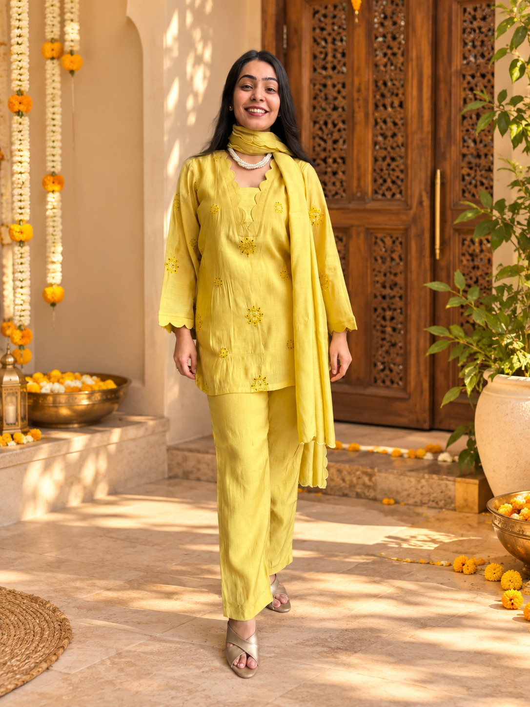Poo Chanderi 3pc Dupatta Set- Lime Yellow