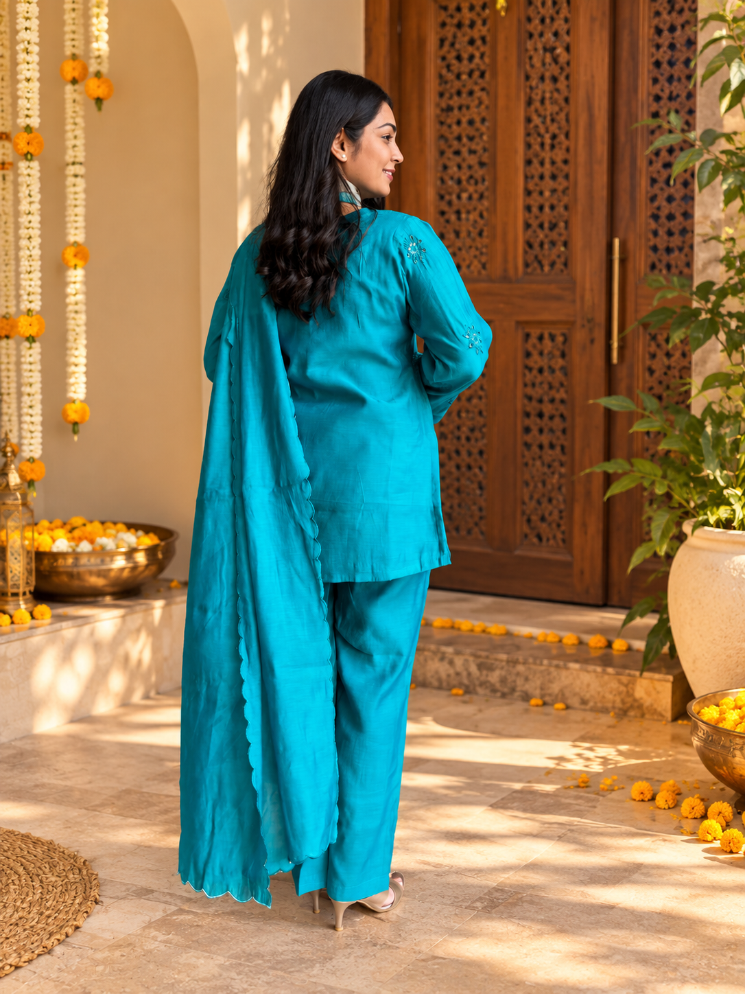 Poo Chanderi 3pc Dupatta Set- Teal Blue