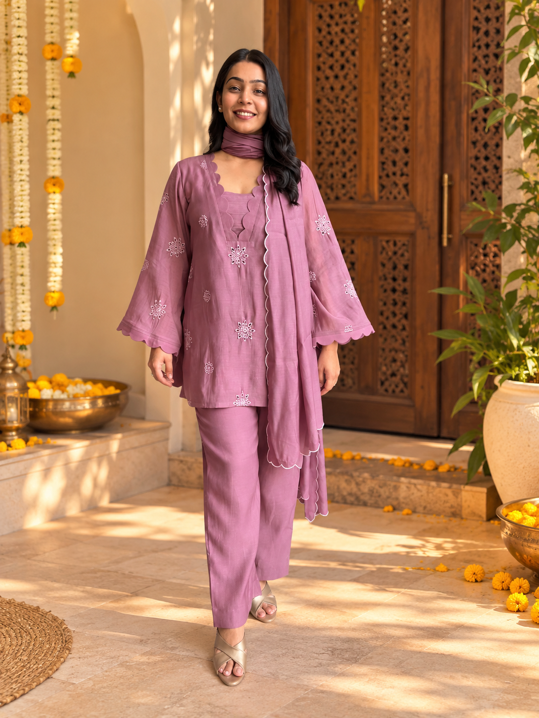Poo Chanderi 3pc Dupatta Set- Soft Pink